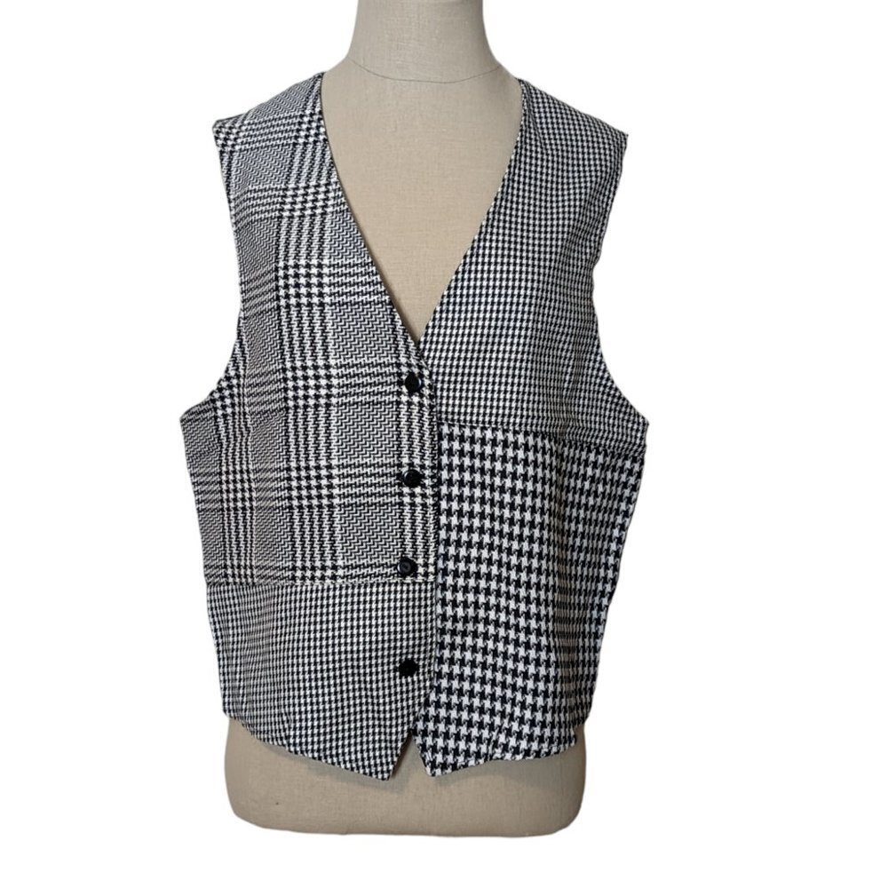 Y2K Vintage 90's Houndstooth‎ Vest Checkered Friends Rachel Green Button Ska